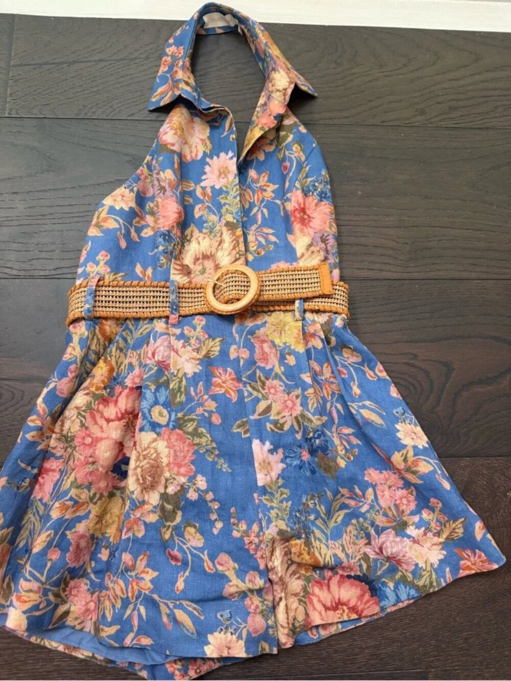 Zimmermann Blue Floral Halter Dress with Woven Belt